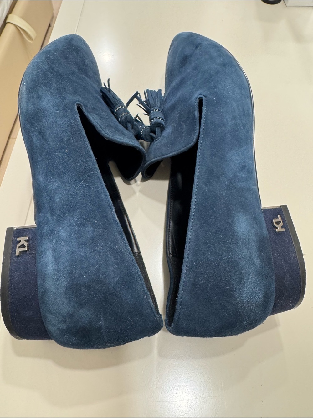 Karl Lagerfeld Navy Suede Tassel Block Heel Loafers